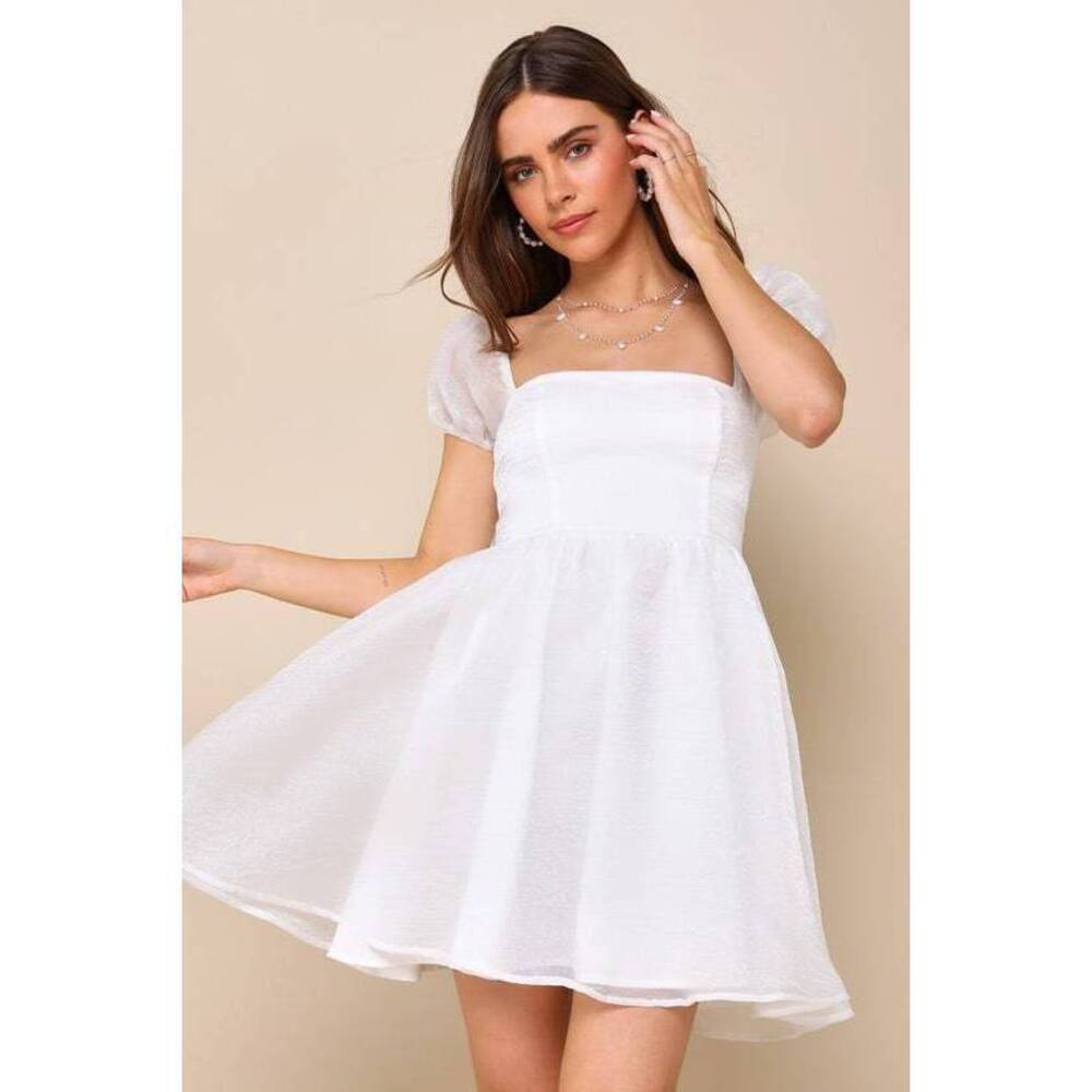 Lulus Sweetest Grace Shiny White Organza Puff Sleeve Mini Dress - Size L